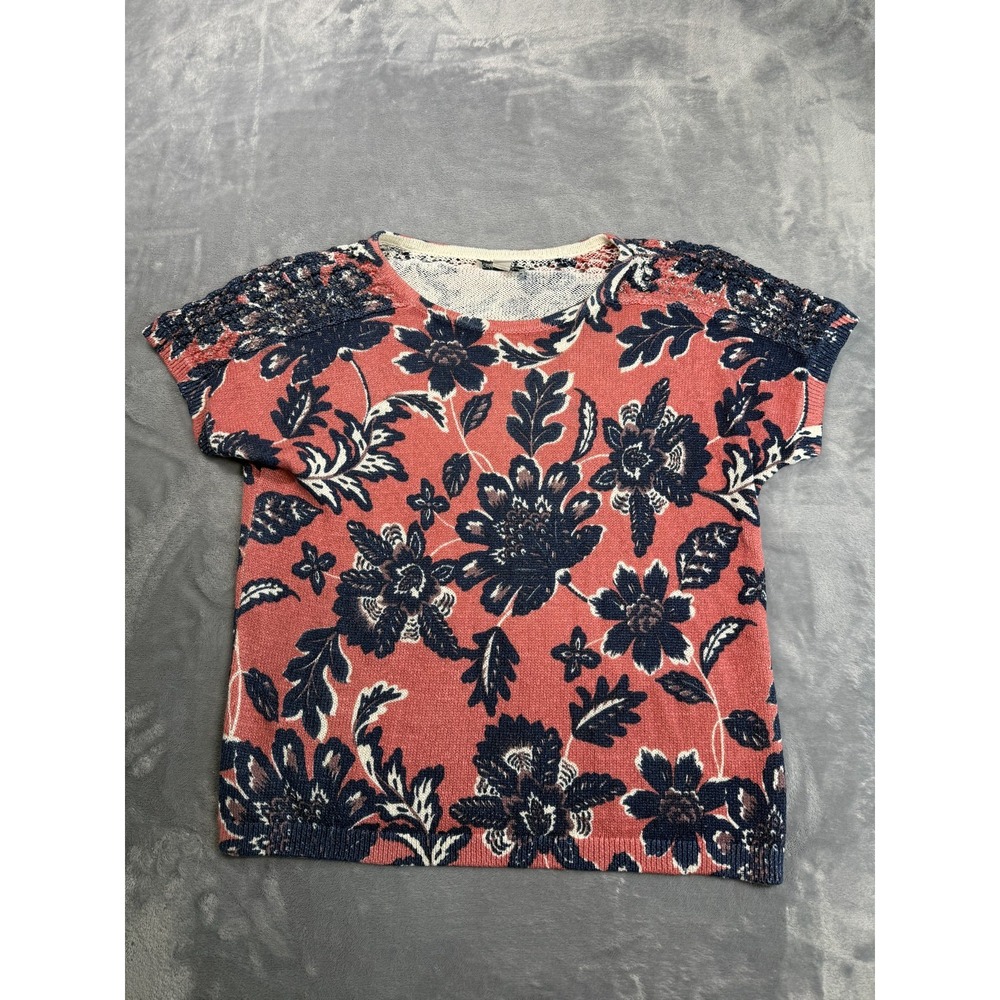 Coldwater Creek Knit Top Womens Medium Pink Navy Floral Short Sleeve Pullover